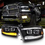 For 09-18 Dodge Ram 1500 2500 3500 Upgrade Projector & Bar LED Black Housing Headlights With Light Bulbs Set