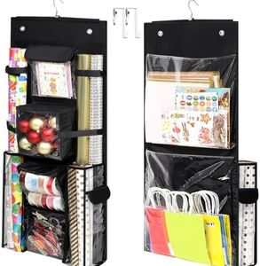 Hanging Gift Wrapping Paper Storage, 40x16 inch Double-Sided Gift Wrap Organizer Christmas Wrapper Paper Container, Craft Roll Organizer Behind The Door Storage Haevy Duty Oxford Gift Bag Holder