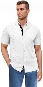 ETHANOL Men Classic Slim Fit Woven Short Sleeve Wrinkle Resistant Print Shirt MST46568 LTSB White XL