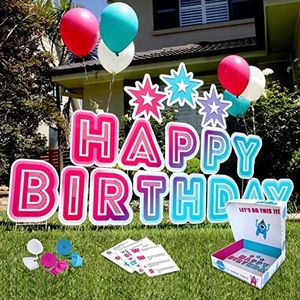19 Pieces Happy Birthday Yard Sign with metal Stakes, Stars & Streamers, 14" Large Birthday Yard Signs Outdoor Lawn Decorations, 4 Ft Giant Pink & blue Birthday letters party supplies, Weatherproof