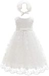 Baby Girls Floral Embroidered Overlay Sleeveless Christening Baptism Tulle Dress - Ivory - 3M / 0-3Months