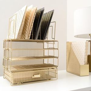 BLU MONACO Gold Stackable Desk Organizer Set - 3 Stackable Paper Trays, File Sorter, and Drawer