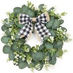 Dremisland 12" Artificial Eucalyptus Wreath with Plaid Bow Wreath Spring Summer Faux Green Leaves Welcome Wreath Garland Easter Decor for Front Door Wall Window Porch Farmhouse Garden