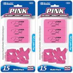 BAZIC Products Eraser Set – Premium Pink Erasers and Cap Erasers for Clean Corrections; Ideal for School, Office, Artists, Writing, Sketching, and Drawing, 15/Pack, 2-Packs