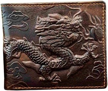 vogueteen Vintage Dragon Genuine Leather Bifold slim Card Holder Money Clip Wallet Purse, Brown, Vintage