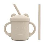 LAT Baby Sippy Cups with Straw, Silicone Toddler Straw Cup with Non-Slip Handles, Toddler Cup Drinking Training Cup for Baby 6 + Months, 200ml, White