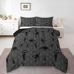 Kids Black Cat Bedding Set Twin Hippie Sugar Skull Bedding Comforter Sets Cartoon Kitten Duvet Insert Halloween Gothic Decor Quilted Comforter Black and Grey Quilt Set for Boys Girls 2pcs Cozy