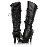 Bellmora Peggy-01 Women's Knee High Vegan Round Toe Lace Up Style Full Zip Slouched High Heel Boot, Black, 7