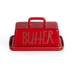 Sweejar Home Ceramic Butter Dish with Handle Lid, 18 cm Porcelain Large Butter Keeper with Cover, Perfect for East/West Butter (Red)