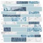 DEWOO Self Adhesive Wall Tiles,Peel and Stick Wall Tiles,Stick on Tiles Kitchen,Marble Tiles Blue 10-Sheet, (12"x 12")