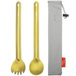 TiTo 2Pcs Titanium Spork Ultralight Long Handle Spoon Fork Portabale Tableware for Outdoor Camping & Hiking Backpacking Flateware with Bag (Bright Golden)