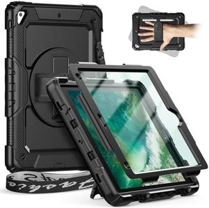 Timecity for iPad 6th/5th Generation Case, for iPad Air 2 Case, iPad Pro 9.7 Shockproof Case with Screen Protector, 360° Rotating Kickstand,Hand Strap,Pencil Holder, for Air 2 Kids Cover-Black