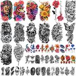 SOOVSY 49 Sheets Large Colorful Flower Temporary Tattoo Lion Fox Eagle Skull Butterfly Half Arm Tattoo for Women Fake Tattoos That Look Real Tattoo Stickers Waterproof Semi Permanent Tattoos