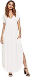 Verdusa Women's V Neck Side Pockets Split Hem Beach Long Maxi Dress White M