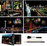 MIASTAR Scratch & Sketch Art for Teens & Adults, Rainbow Painting Night View Scratchboard(A4), Art & Craft, 4 Sheets Scratch Cards & Drawing Pen, Clean Brush (USA)