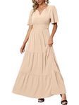 Amegoya Women's Summer Boho Maxi Dresses Casual V Neck Short Sleeve A-line Empire Waist Long Flowy Beach Dress, A-beige, M