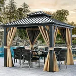 DWVO 10x10ft Hardtop Gazebo Double Roof with Nettings and Curtains, Heavy Duty Galvanized Steel Outdoor Vertical Stripes Roof for Patio, Backyard, Deck, Lawns, Brown