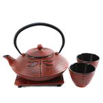 Cuisiland Dragonfly Cast Iron 27oz Teapot Set with 2 Cups Red Enameled Interior and Stainless Steel Infuser