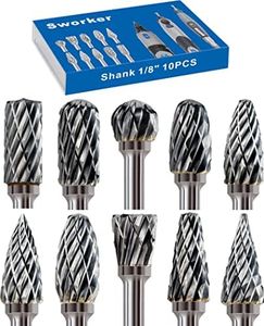 Sworker 10Pcs 1/8" Shank Carbide Burr Bits Compatible with Dremel Bits Metal Grinding Bits Wood Stone Carving Cutting Engraving Grinder Kit Attachment Rotary Tool Accessories Set Harder than Diamond