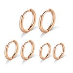 Surgical Stainless Steel Hoop Earrings 8mm/10mm/12mm Small Huggie Hoop Earrings for Women and Men (I: Rose Gold (Diameter 8mm/10mm/12mm),3 Pairs)