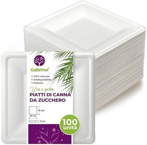 GoBeTree 100 piatti quadrate in canna da zucchero 16 cm bianchi. piatti di carta monouso extra resistenti, per campeggio, picnic, feste, barbecue, compleanni