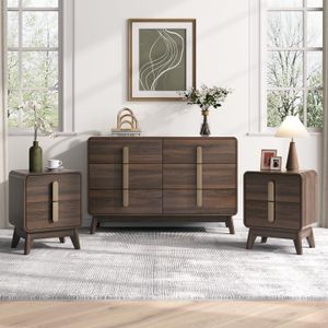 JOINICE Mid Century Modern Bedroom Set, 6 Drawer Dresser and Nightstand Sets for Bedroom, Night Stand Set 2 & 6 Drawer Dresser with Gold Handles, Wood Chest of Drawers Storage Cabinet Set, Walnut