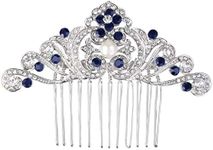 EVER FAITH Wedding Hair Accessories Blue Crystal Cream Simulated Pearl Vintage 1920s Flower Wave Bridal Hair Side Comb for Bride Bridesmaids