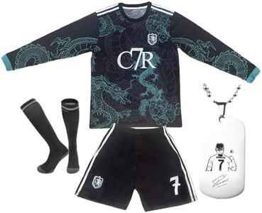 Boys Girls Kids Soccer Jersey #7 Uniform Set | 4-Piece Futbol Kit with Shorts, Socks and Necklace for Youth Children (Long Sleeve Green#7, 7-8 Years)