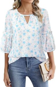 Timeson Women Tops:+Office+Work - Blouses for Women Dressy Casual - Women Shirts 3/4 Sleeve Summer White Ladies Tops Business Formal Wear Spring Fashion Floral Tunic Loose Fit Elegant Flowy Light Blue