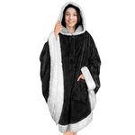 PAVILIA Angel Wrap Hooded Blanket, Sherpa Lined Wearable Blanket Women, Cozy Poncho Wrap Throw for Adult, Plush Warm Cape Shawl with Pockets Hood, Gift for Wife Mother, Black