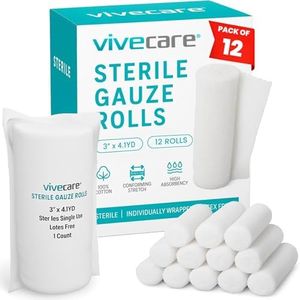 Vive Care XL Gauze Wrap Roll for Wounds (12 Count) Large Sterile Rolls - Individually Wrapped Medical Bandages HSA/FSA Approved - Extra Absorbent & Adhesive Gauze - 3"x4.1" Yards