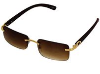 Elite Slim Rimless Rectangular Metal & Wood Art Aviator Sunglasses, Brown, Large