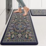 KIMODE Anti Fatigue Kitchen Mats for Floor 17"x47"+17"x29", Dark Blue Vibrant Floral Kitchen Rugs, Non Slip Waterproof Kitchen Floor Mats, Comfort Standing Mats for Laundry Office Sink Desk