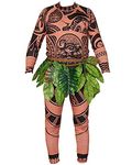 Halloween Adult Men's Children's Boys Tribal Imprint T-Shirt Pants Tattoo 2-Piece Set with Leaves Exotic Set Cosplay Costume (Papa Brown, XX-Large)