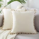 Topfinel Cream Cushion Cover for Bedroom Boho PomPoms Velvet cushion covers 16 x 16 inches for Sofa Livingroom fluffy Pillowcases Square Decoration Cushions Pack of 2