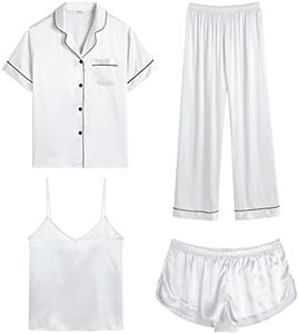 SWOMOG 4pcs Pyjama Set for Women Silk Satin Pyjamas White Satin Pjs Soft and Comfy Loungewear Set