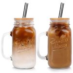 ANOTION Mason Jar with Lid and Straw, 24 oz Regular Mouth Mason Jars with Handle Drinking Glasses Tumbler Reusable Cups Smoothie Water Bottles for Iced Coffee (Classic 2 cups Style)