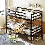 Giantex Bunk Bed Twin Over Twin, Solid Wood Bunk Bed with Sturdy Ladder & 12 Inch Safety Guard Rails, Twin Size Wood Bed Frame for Dormitory, No Box Spring Needed, Bunk Beds for Kids Teens, Espresso