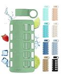 purifyou Premium 40/32 / 22/12 oz Glass Water Bottles with Volume & Times to Drink, Silicone Sleeve & Stainless Steel Lid Insert, Reusable Bottle for Fridge Water, Milk, Juice (22oz Shale Green)