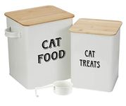 Cat Food and Treats Containers Set with Scoop for Cats or Dogs -Tight Fitting Wood Lids - Coated Carbon Steel - Storage Canister Tins-Cat-White