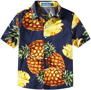 Big Boys Hawaiian Shirt, Kids Hawaiian Shirt, Boys Cotton Beach Shirt Tropical Short Sleeve Button Up Shirts (Medium, Navy Yellow)