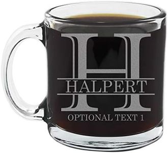 Personalized Etched Monogram 12oz Glass Coffee Mug - Halpert, Customized Gifts for Her Him, Unique Monogrammed Cup Initial