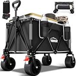 Overmont Folding Camping Trolley Cart with Big Wheels, Heavy Duty Cart Loadable up to 120kg, Collapsible Festival Wagon for Sports Garden Beach - Pull Along Trolley with Adjustable Handle, Black