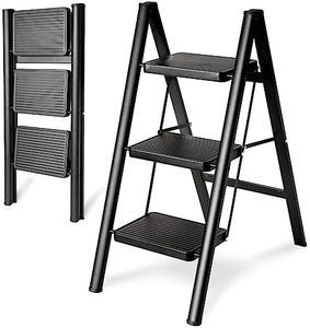 Double Elite Step Ladder 3 Step Folding, Sturdy 330 Lbs Small Step Stool for Adults, Safer Full Steel Multi-use Kitchen Ladder for Home, Closet Step Stool Ladder with Anti-Slip Wide Pedals, Black