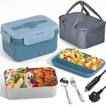 Vabaso 100W Electric Lunch Box for Adults with Insulated Lunch Bag, Spoon and Fork, Heated Lunch Box with Fruit Compartments, 1.8L Large Capacity, Thermal Lunchbox for Car, Truck, Home, Office Blue