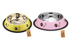 Foodie Puppies Stainless Steel Dog Bowl Combo - (Small, 450ml) Food and Water Feeding Gift Bowl | Suitable for Dogs, Cats and Small Pets I Paw Bone Print, Anti-Skid Rubber Base (Pink + Yellow)