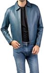 Jild Polo Collar Premium Leather Jacket Men - Old School Classic Style Everyday Wear Real Lambskin Mens Leather Jacket (Polo-Blue-4XL)