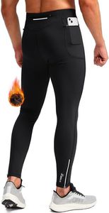 Pudolla Men's Thermal Running Tights with 3 Zipper Pockets Workout Compression Leggings Cycling Pants for Men Hiking Jogging, Black, Large