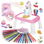 Girls Toys Drawing Projector Table for Kids with 72 Patterns Unicorn Gifts for Girls Toy for 3 4 5 6 7 8 Year Old Girls Boys Kids Drawing Supplies with Crayons,Scrapbook,Sticker Book,Stickers,Stamps