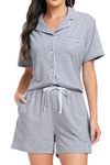 Lovasy Pyjamas for Women Cotton Ladies Pyjamas Button Down Womens Pyjamas Soft Pjs for Women Sets Short Sleeve Women’s Pyjama Sets Classic Pajamas for Women UK with Pockets,Light Grey,M